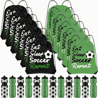Reallnaive Party Favors Gifts, 24 oz Water Bottles Reusable Sport Squeeze Drinking Cup, Eat Sleep Drawstring Bag Cinch Sack Sport Pack for School Team Gift Event Accessories - style: Soccer