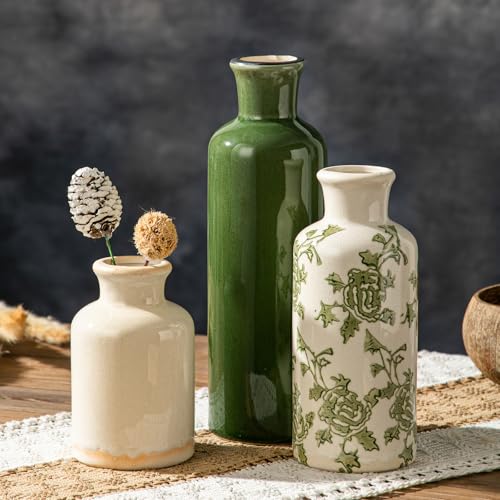 Rustic Ceramic Vase Set of 3, Flower Vases for Farmhouse Decor, Kitchen Living Room Table Centerpieces Decoration, Shelf, Mantel and Entrance Decorations-Multicolor. - color: Green-2