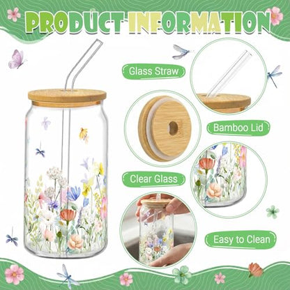 Glass Cups with Lids and Straws, 6Pcs, 16oz, Wildflower | Floral Spring Garden Cute Coquette Drinking Glasses Straws Tumbler for Women Girls Friend Bridesmaid Birthday Party Gifts - style: Wildflower