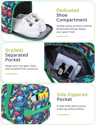RAVUO Water Resistant Kids Duffel Bag - Overnight Sports Weekender Gym Carry-On Tote Travel Shoulder Bag for Boys with Shoe Compartment and Wet Pocket - color: Dinosaur