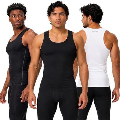 DEVOPS 3 Pack Men's Muscle Dry Fit Compression Tank Top Sleeveless Shirt | Compression Fit, Wicking, 4-Way Stretch, Running, Workout, UPF 50+, Sleeveless - color: Black / Black / White, size: Medium