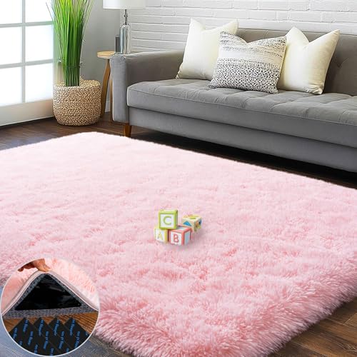 4x6 Pink Fluffy Shaggy Area Rug, Soft Plush Small Carpet for Living Room - color: Pink, size: 4' x 6' (Rectangular)