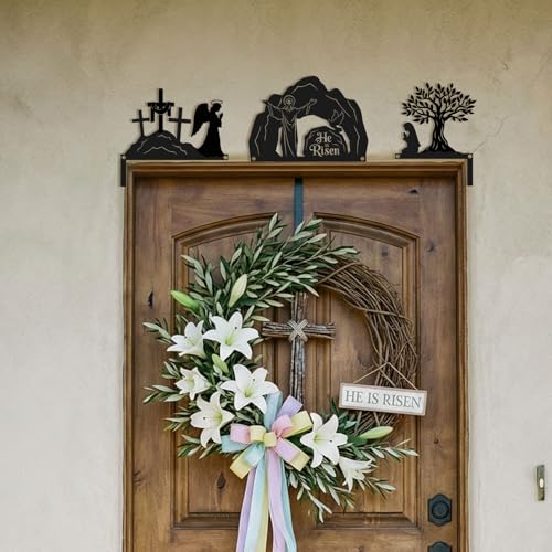 Blulu 3 Pcs Easter Door Decorations Metal He Is Risen Door Toppers Religious Easter Frame Corner Sign for Spring Christian Cabinet Shelf Window Wall Home Office Kitchen Church Decor(Religious) - style: Religious