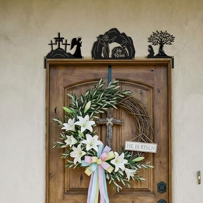 Blulu 3 Pcs Easter Door Decorations Metal He Is Risen Door Toppers Religious Easter Frame Corner Sign for Spring Christian Cabinet Shelf Window Wall Home Office Kitchen Church Decor(Religious) - style: Religious