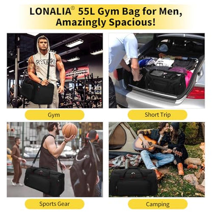 55L Sports Gym Duffle Bag for Men, Black | 22 inch, Multi Pockets, Large Capacity, Workout, Travel, Weekender, Fitness - color: Black
