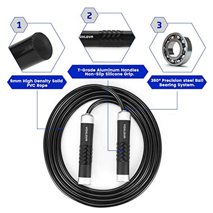 Weighted Jump Rope for Men Women - 1LB Heavy Jump Rope Weighted Skipping Rope for Adult Fitness Workouts Boxing Crossfit Cardio Weight-loss MMA, Non-Slip Aluminum Handles, Adjustable Length 9MM Solid PVC/Cotton Ropes - color: Black