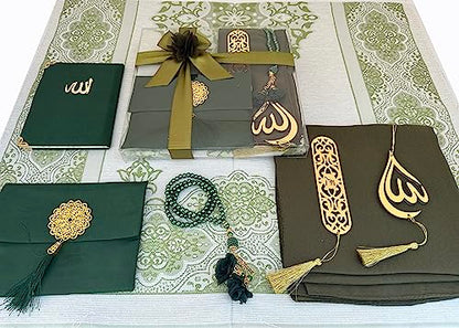 SAIKA Muslim Prayer Rug, 7 in One Gift Set, Prayer Mat Surah Book, Tasbeeh, Scarf, Surah Case, Bookmark, Car Mirror Hanger, Prayer Beads,Islamic Gift for Umrah, Hajj, Wedding, Janamaz (Green) - color: Green
