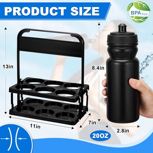 Suclain Water Bottle Carrier with 20 Oz Bottles and Stickers Plastic Wide Mouth Sports Water Bottle Squeeze Team Bottles with Black Lid for Fitness Bike Gym(14 Pcs,Black) - color: Black