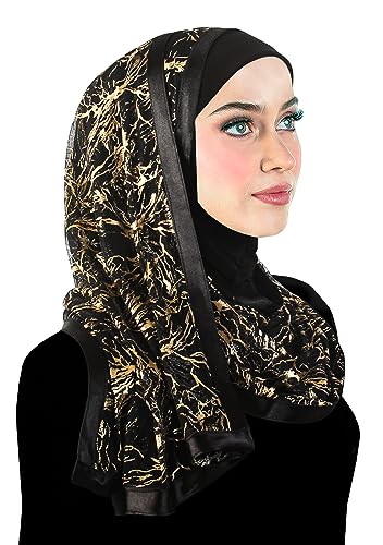 Stylish Mona Hijab Women's Black Kuwaiti with Chiffon Wrap Shawl & Satin Trim - color: Black With Gold Nexus