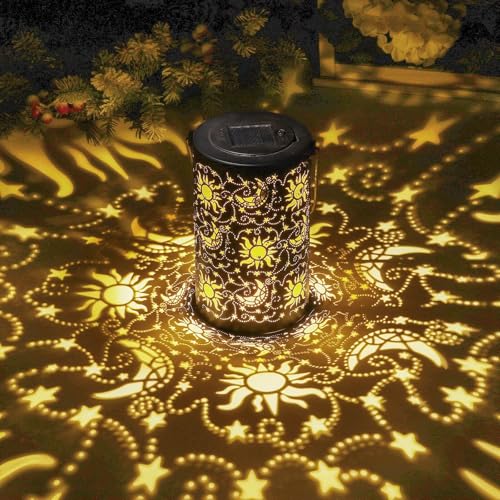Outdoor Solar Lanterns Garden Tangled Decor Hanging Waterproof Metal Solar Lights with Ramadan Sun Star Moon Decorative Yard Gift for Women - size: 4.7" Dia Black - Sun Moon Star