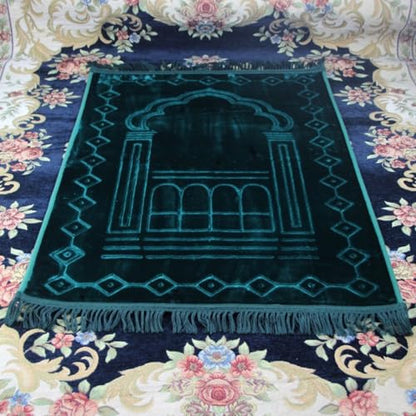 Thick Flannel Muslim Prayer Rug Embossed Turkish Prayer Carpet Islam Prayer Mat Rosary Beads for Men Women Islamic Janamaz Great Ramadan Eid Gift Elegant Sajadah with Tassel Salat Rug 80x120cm - color: Green
