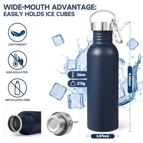 Volhoply 26oz Uninsulated Single Walled Water Bottle, Stainless Steel Reusable Water Bottles with Handle & Carabiner, BPA Free Wide Mouth Water Bottles for Gym Sports Camping（Navy,1） - color: Navy