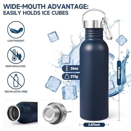 Volhoply 26oz Uninsulated Single Walled Water Bottle, Stainless Steel Reusable Water Bottles with Handle & Carabiner, BPA Free Wide Mouth Water Bottles for Gym Sports Camping（Navy,1） - color: Navy