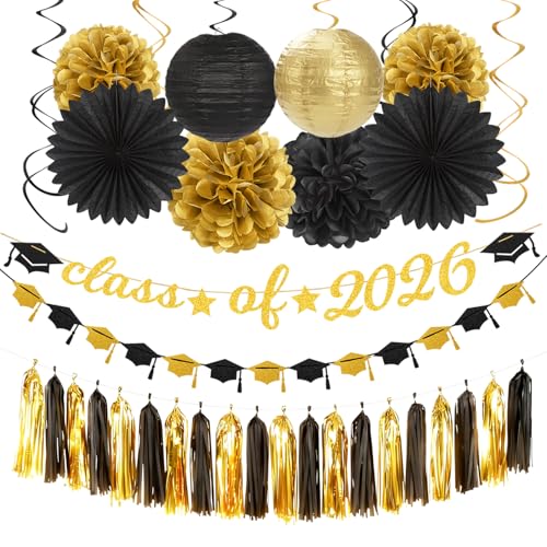 Black Gold Graduation Party-Decorations Garland - 36pcs Congrats Grad Class 2026 Banner,Hat Hanging Streamers,College High School Congratulations Master Celebration Classroom Backdrop Decor Burgleda - color: Black Gold Graduation