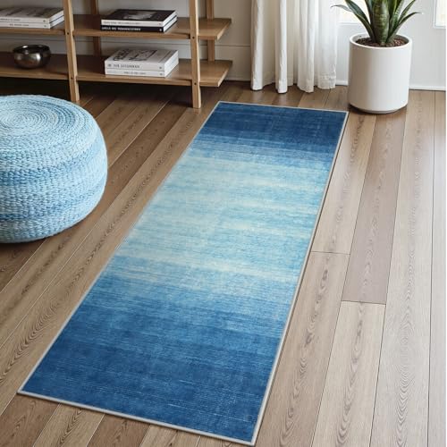 Wonnitar Ombre Blue Washable 2x6 Runner Rug for Hallway, Modern Bathroom Rug Runner, Non-Slip Low Pile Gradient Soft Entryway Carpet Runner for Laundry Entrance Kitchen (Blue, 2'x6') - color: Blue, size: 2' x 6' (Rectangular)