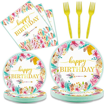 Tevxj 96 Pieces Happy Birthday Party Plates Napkins Boho Decorations Gold Metallic Tableware for Boys and Girls Happy Birthday Dessert Plates Napkins Forks for 24 Guests Party Supplies Favor - style: Boho Happy Birthday