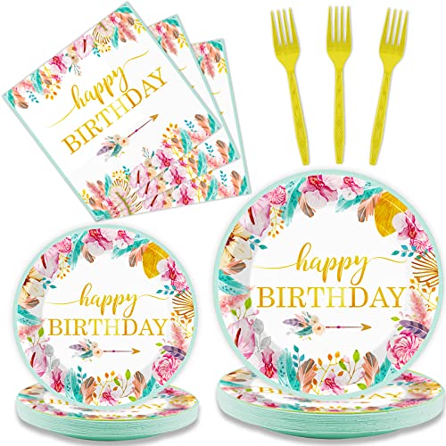 Tevxj 96 Pieces Happy Birthday Party Plates Napkins Boho Decorations Gold Metallic Tableware for Boys and Girls Happy Birthday Dessert Plates Napkins Forks for 24 Guests Party Supplies Favor - style: Boho Happy Birthday