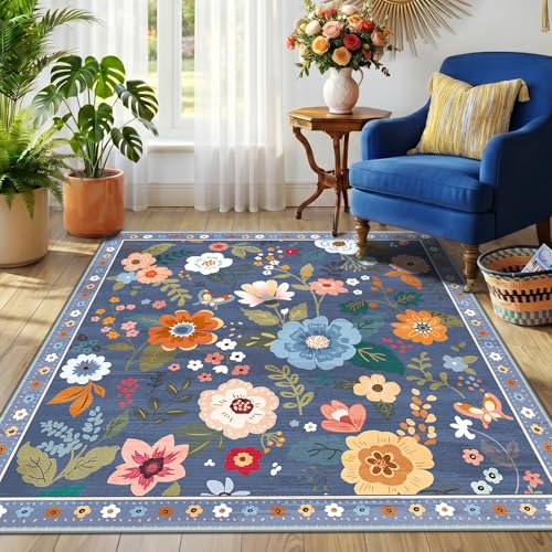 RELEANY Floral Washable Square 4ft Area Rug Blue/Grey - color: Blue/Grey, size: 4' (Square)