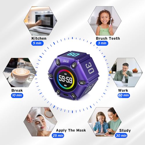 Printers Jack, Productivity Cube Timer, Visual Pomodoro Timer, Mute & Vibration & Adjustable Sound Alert, ADHD, for Office, Study, Work, 3/5/10/25/30/60min & Custom Countdown - Purple - color: Purple