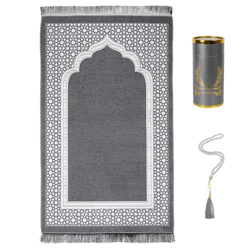 Muslim Prayer Rug and Beads with Elegant Cylinder Gift Box - Portable Chenille Sajjadah for Men Women Kids - Soft Islamic Carpet Mat for Ramadan Eid, Grey - color: Grey