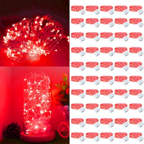 50 Pack Fairy Lights Battery Operated, 7ft 20 LED 3 Modes Speed Twinkle Mini String Lights Waterproof Silver Wire Firefly Starry Lights for Mason Jars Wedding Party Christmas Decorations - color: Red, size: 50 Pack