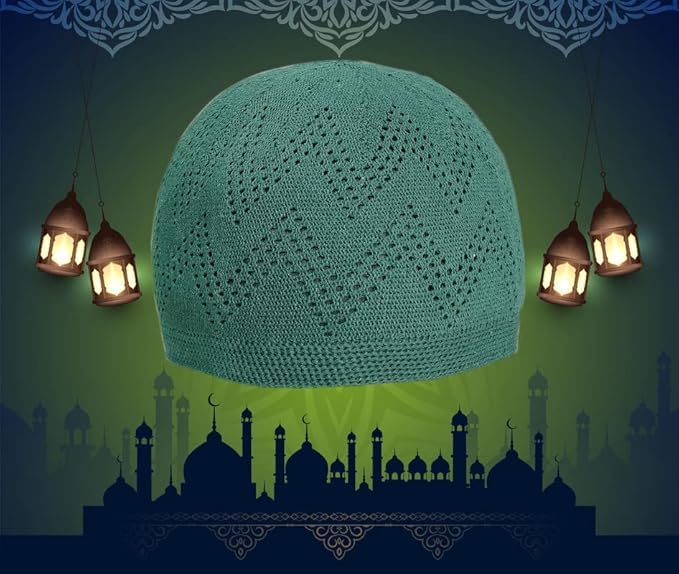 Kufi Hat for Men, Islamic Muslim Prayer Cap, Breathable Cotton Skull Cap, Traditional Taqiyah Takke, Crochet Cap - color: Green