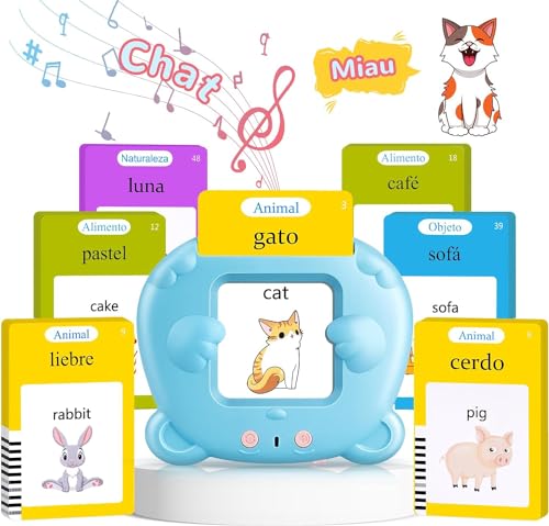 Spanish & English Talking Flash Cards for Toddler, Bilingual Flash Cards Learning Montessori Toys with 224 Sight Words, Speech Therapy Toys for Children Sensory Preschool Education - color: Blue