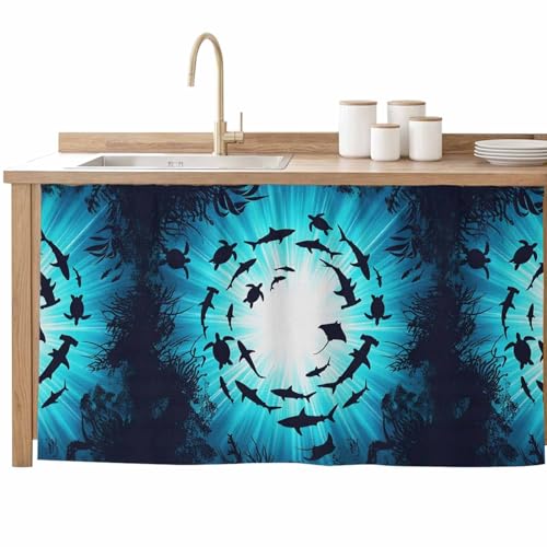 BEMIGO Blue Coastal Cabinet Curtain 28" Wx51 L, Dustproof Storage Cabinet Curtain with Self Adhesive Tape, Nautical Fish Turtle Coral Tall Pantry Cover Drape for Kitchen, Laundry Room, Utility Closet - size: 28"W x 51"L (Pack of 1)