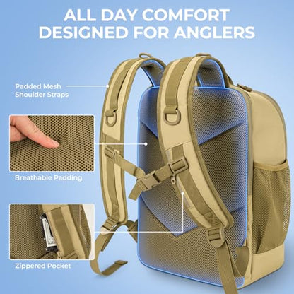 KastKing KarryAll Fishing Backpack with Rod Holder 4 Tackle Boxes, 40/26L | Tackle Bag Storage Fishing Gear and Equipment, Water‑Resistant Material, Fishing Gift for Men - color: E: Medium (26 L) - Khaki