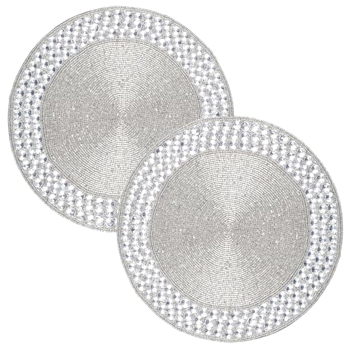 Beaded Placemats for Dining Table Stone Border Silver Design Set of 2-13 Inches Flower Beaded Placemats Round for Gathering, Christmas, Thanksgiving - Occasional Decoration - color: Silver Gold, size: 13"x13"