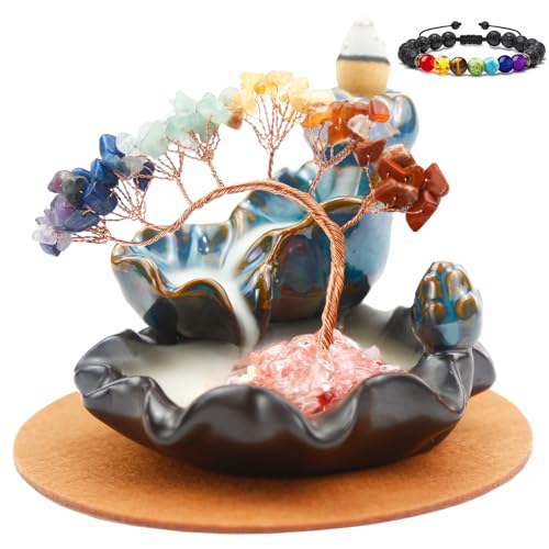 Dreamgirnh Chakras Backflow Incense Burner, Crystal Tree Incense Waterfall Fountain, Cone Incense Holde, Living Room Shelf Aesthetic Decor - color: 7 Chakras