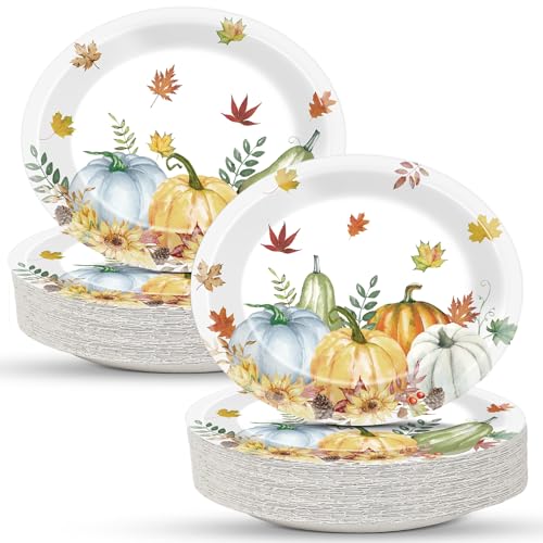 Qyeahkj 가을 추수감사절 타원형 종이 접시 50개, 대형 27.9cm(11인치) 일회용 가을 나뭇잎 파티 장식, 수채화 블루 호박 용품, 수확 디너 서빙 접시, 파티 식기 세트 - style: 낙엽