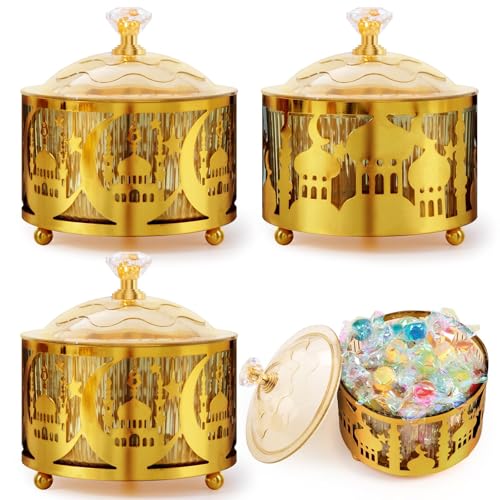 4 Pcs Eid Mubarak Plates with Lids, Metal Gold Moon Castle Ramadan Serving Tray, Middle Eastern Food Storage Container for Cookie Candy Pastry Dessert, Ramadan Decorations Table Display Set - style: Round