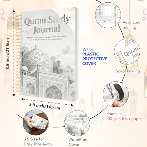 Premium Quran Study Journal - A5 Spiral Bound Islamic Reflection Notebook with 120 Pages 100gsm Thick Paper - Arabic & Translation Tracker for Daily Quranic Study, Memorization & Ramadan Gifts (Pencil Sketch) - color: Pencil Sketch