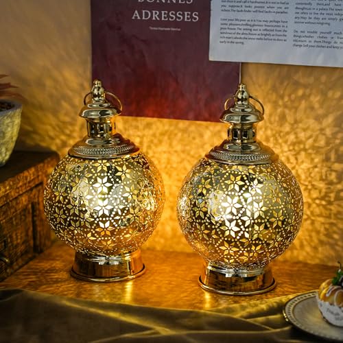 TRIROCKS Ramadan Lanterns Set of 2 10" Gold Electric Candle Holders with Timer, Metal Decorative Vintage Lanterns for Indoor/Outdoor Decor, Perfect EID Mubarak Gift - color: Starlight Lantern