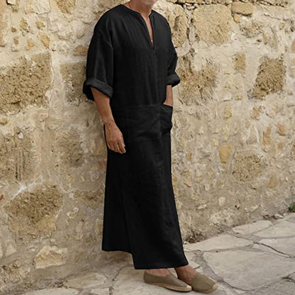 Mens Muslim Robes Solid Cotton Kaftan Thobe V Neck Casual Shirt Long Sleeve Islamic Caftans with Pocket - color: Black, size: X-Large