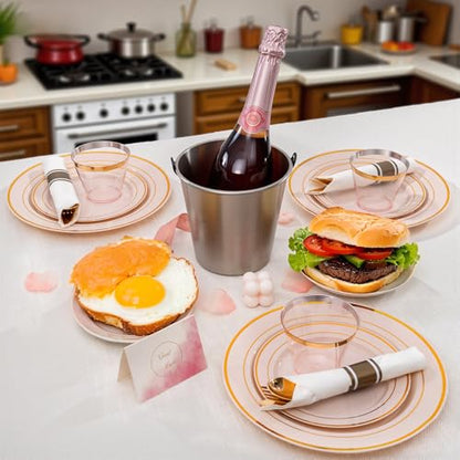 175PCS Pink Gold Plastic Dinnerware Set,Pink Plastic Plates, Include: 25 Dinner Plates, 25 Dessert Plates, 25 Pre Rolled Napkins with Gold Silverware, 25 Cups for Spring Wedding,Mother's Day - color: Pink and Gold