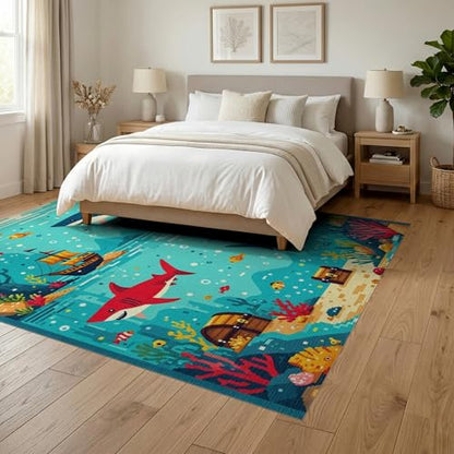 6'x9' Washable Modern Fish Area Rug, Teal Non-Shedding Pet Friendly Room Rug Foldable Easy Care Carpet for Queen Size Bedroom, Under Bed, Master Suite | Ref:2070039 - color: Blue/Pattern 16, size: 6' x 9' (Rectangular)