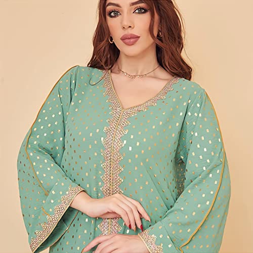 FPOVFPO Women's Muslim Abaya One-Piece V Neck Bronzing Dress Islamic Full Length Kaftan Daily Casual - color: Green, size: XX-Large