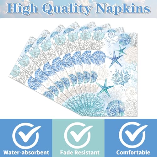 Rakuto Coastal Beach Disposable Paper Napkins, 100PCS Beach Nautical Theme Dinner Hand Napkin, Sea Blue Bathroom Disposable Hand Towels for Home Kitchen Bathroom Holiday - style: Coastal Beach