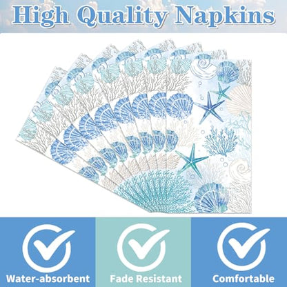 Rakuto Coastal Beach Disposable Paper Napkins, 100PCS Beach Nautical Theme Dinner Hand Napkin, Sea Blue Bathroom Disposable Hand Towels for Home Kitchen Bathroom Holiday - style: Coastal Beach