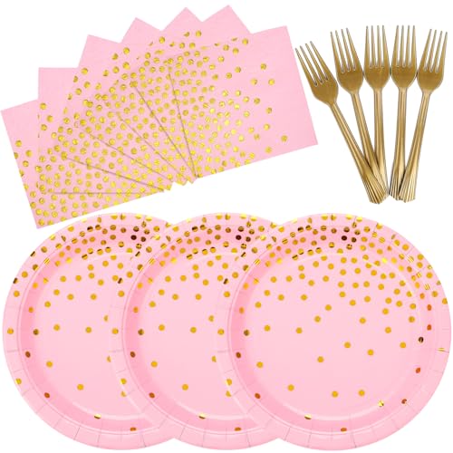150 PCS Pink and Gold Paper Plates Napkins Forks Party Supplies Serves 50, Golden Dot Disposable Paper Dinnerware 9" Plates for Birthday, Bachelorette, Girl Birthday, Baby Shower - color: Pink Gold (Serves 50)