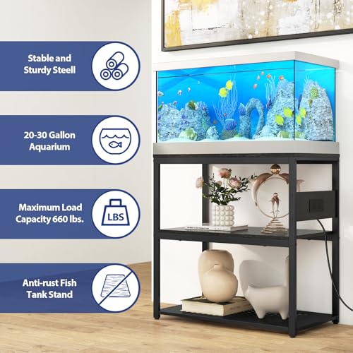 20-29 Gallon Fish Tank Stand with Power Outlets,3-Tier Metal Aquarium Stand | Breeder Reptile Tank Stand with Shelf for Home Office, 660LBS Capacity, 29.5 x 15.8 x 30.1 inches, Black