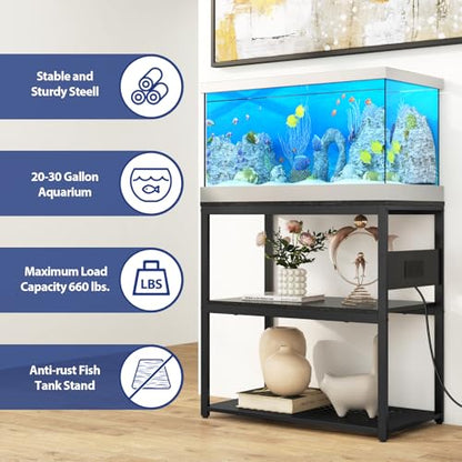 20-29 Gallon Fish Tank Stand with Power Outlets,3-Tier Metal Aquarium Stand | Breeder Reptile Tank Stand with Shelf for Home Office, 660LBS Capacity, 29.5 x 15.8 x 30.1 inches, Black