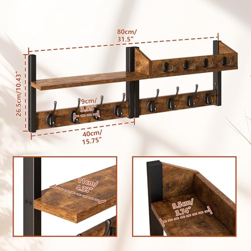 YMYNY 31.5" Coat Rack Wall Mount with Shelf, 4 in 1 Key and Coat Hanger with 12 Metal Hooks, Wall Shelf with Hooks & Mail Holder for Living Room, Bedroom, Rustic Brown, HWS007H-2 - color: Rustic Brown, size: 31.5" - 4-in-1