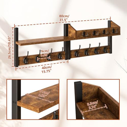 YMYNY 31.5" Coat Rack Wall Mount with Shelf, 4 in 1 Key and Coat Hanger with 12 Metal Hooks, Wall Shelf with Hooks & Mail Holder for Living Room, Bedroom, Rustic Brown, HWS007H-2 - color: Rustic Brown, size: 31.5" - 4-in-1