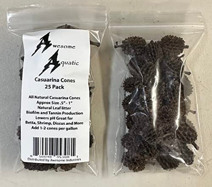 Awesome Aquatic 25 Casuarina Cones, Blackwater, Betta Shrimp Habitat | Larger than Alder Botanicals Natural tannins Blackwater habitat Leaf litter Longer lasting biofilm Natural décor Easy to use - size: 25 Pack Casuarina
