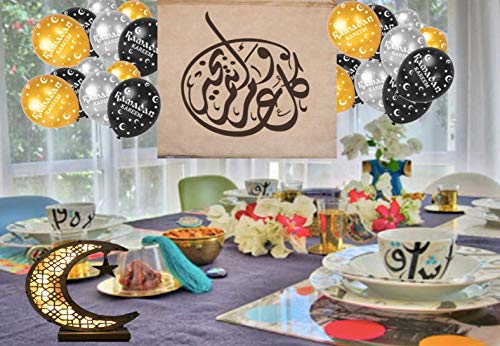 Ramadan Kareem Eid Mubarak Banner Bairam Decoration Bunting and Latex Balloons Islamic Muslim Balloons Party Black, Gold & Silver Banner: 20"x16" | Latex 12" Each (Banner+15pcs)