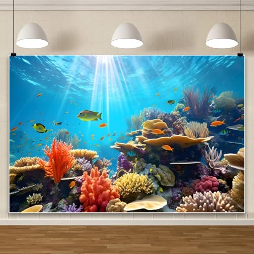10X8ft Sunlight Underwater Coral Reef Photography Backdrop Colorful Tropical Fish Background for Ocean Themed Aquarium Wall Decorations Kids Birthday Party Portrait Photo Booth Studio Prop - color: Ocean-2