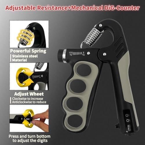 Grip Strength Trainer 1 Pack - Adjustable 11-220Lbs (5-100KG) with Auto Counter, Hand Grip Strengthener, Forearm Exerciser for Athletes, Musicians, Gym, Home